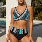 Fitted Wrap Front Bikini Top And High Waist Color Block Bikini Bottoms Set for Women – Stylish Beach Essentials