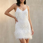 Sequined Fringed Feather Trim Slim Fit Mini Dress for Women – Elegant Party Style