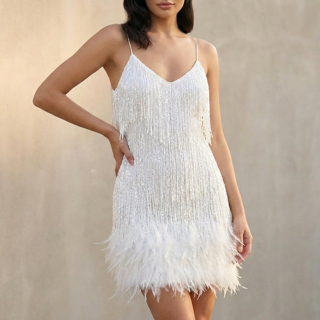 Sequined Fringed Feather Trim Slim Fit Mini Dress for Women – Elegant Party Style