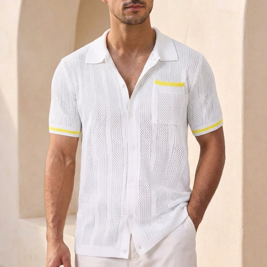 Relaxed Fit Striped Knit Polo Shirt for Men – Stylish Casual Comfort