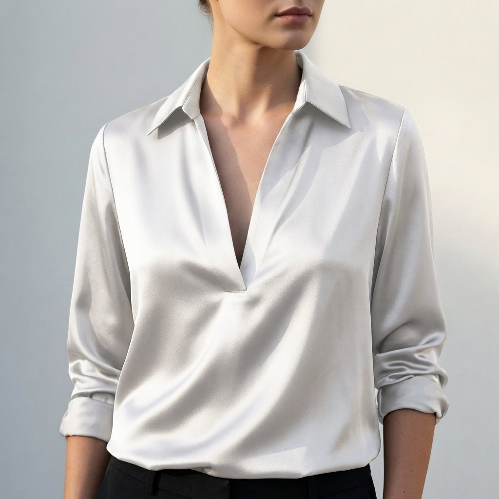 Draped Relaxed Fit Collared V-Neck Blouse for Women – Elegant Comfortable Design