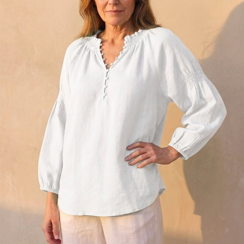 Ruffled Button Front Puff Sleeve Blouse for Women – Elegant Comfortable Design