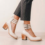 Distressed Leather Cut-Out Block Heel Ankle Strap Heels for Women – Stylish & Comfortable Design