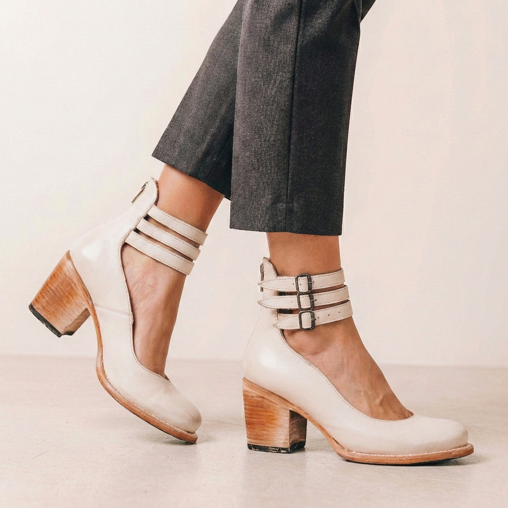 Distressed Leather Cut-Out Block Heel Ankle Strap Heels for Women – Stylish & Comfortable Design