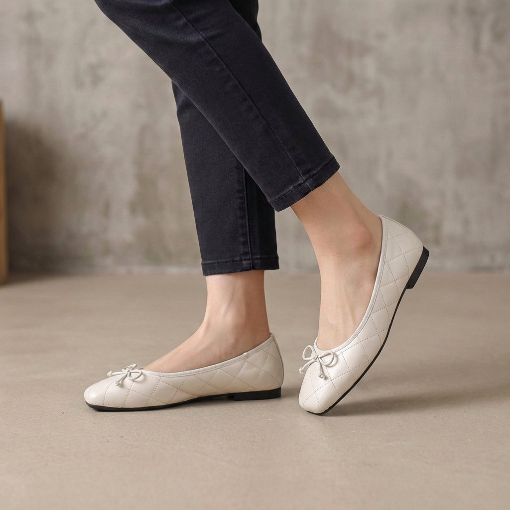 Ivy Quilted Square Toe Bow Detail Ballet Flats | Slip-On Ballet Flats
