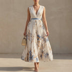 Thea Pleated A-Line Maxi Dress | V-Neck Balloon Sleeve Dress