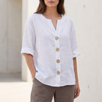 Relaxed Fit V-Neck Button-Up Shirt for Women – Stylish Casual Comfort