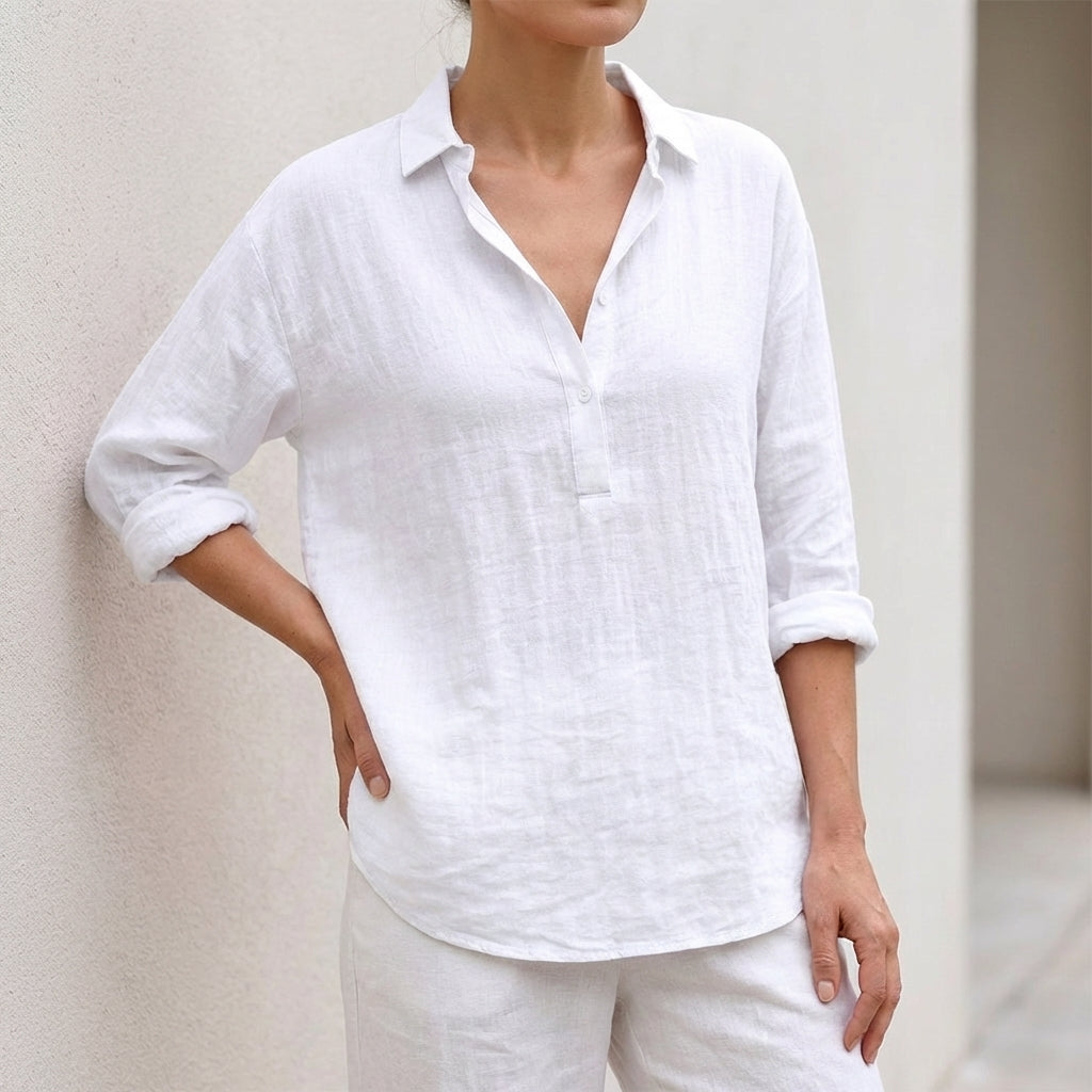 Relaxed Fit Collared Button Front Popover Blouse for Women – Stylish Casual Comfort
