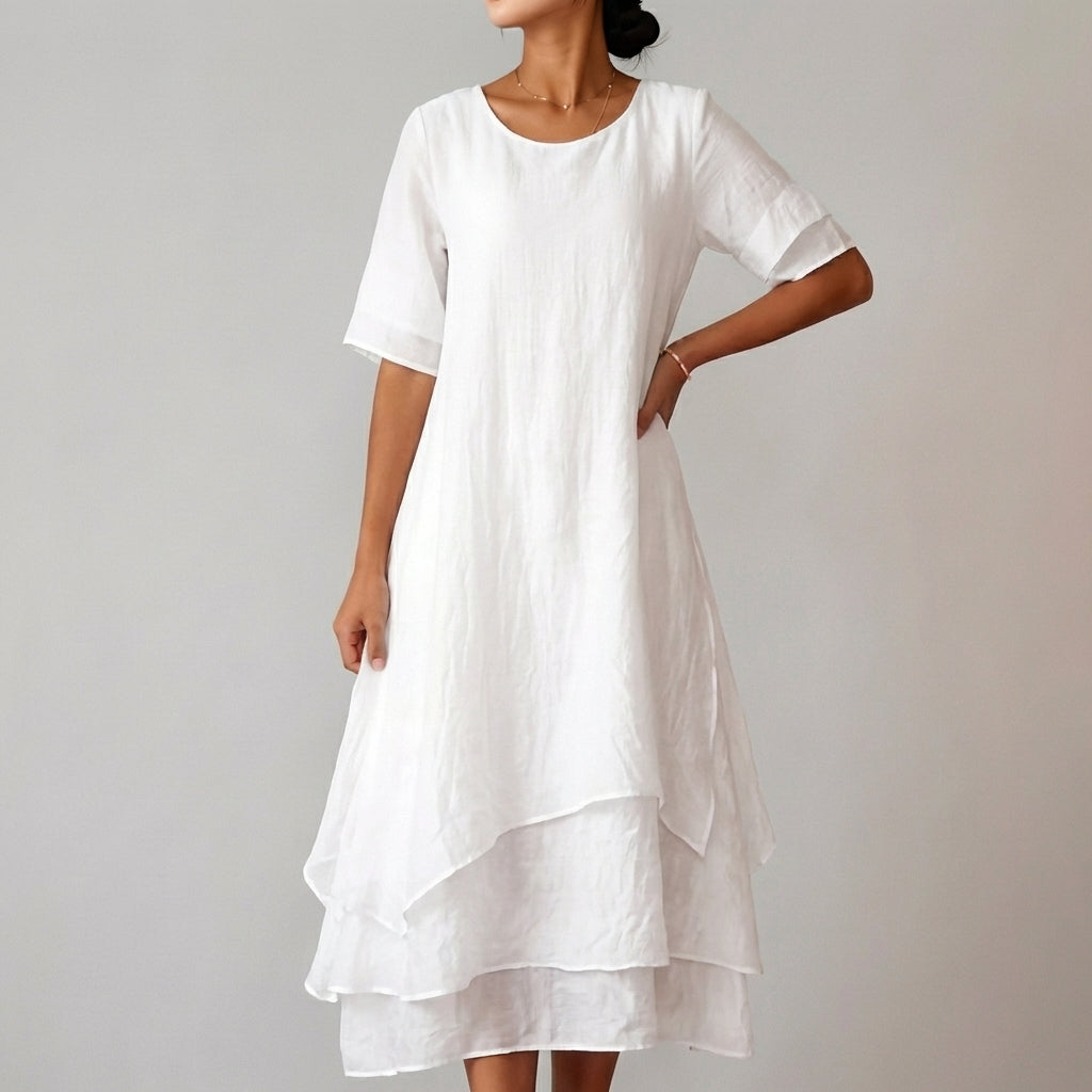 Layered Asymmetrical Hem Midi Dress for Women – Elegant Casual Comfort
