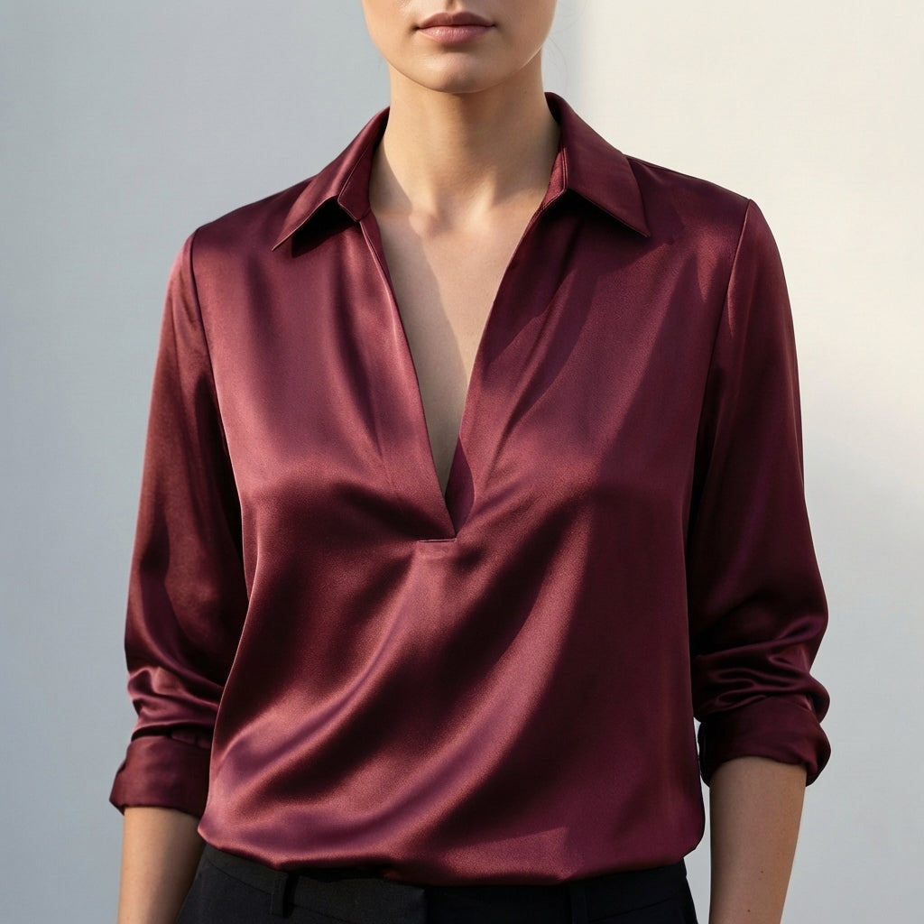 Draped Relaxed Fit Collared V-Neck Blouse for Women – Elegant Comfortable Design