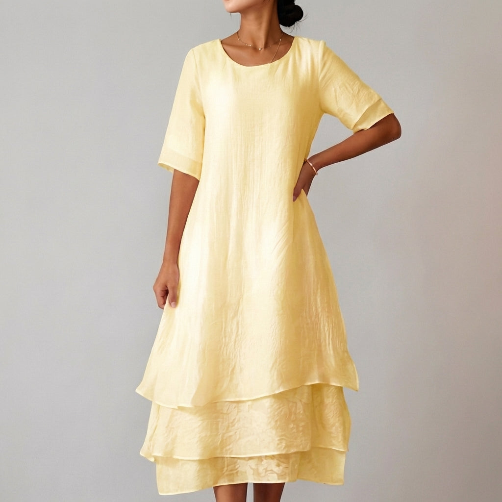 Layered Asymmetrical Hem Midi Dress for Women – Elegant Casual Comfort