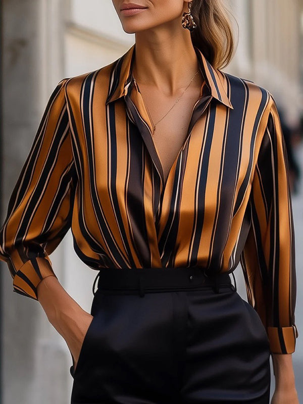 Relaxed Fit Striped Button-Front Collared Blouse for Women – Stylish Workwear Essential