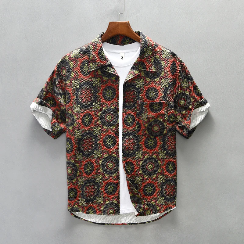 Relaxed Fit Geometric Collared Button-Up Shirt for Men – Casual Stylish Comfort