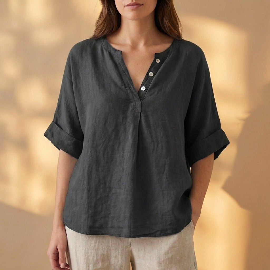 Relaxed Fit Pleated V-Neck Blouse for Women – Casual Stylish Comfort
