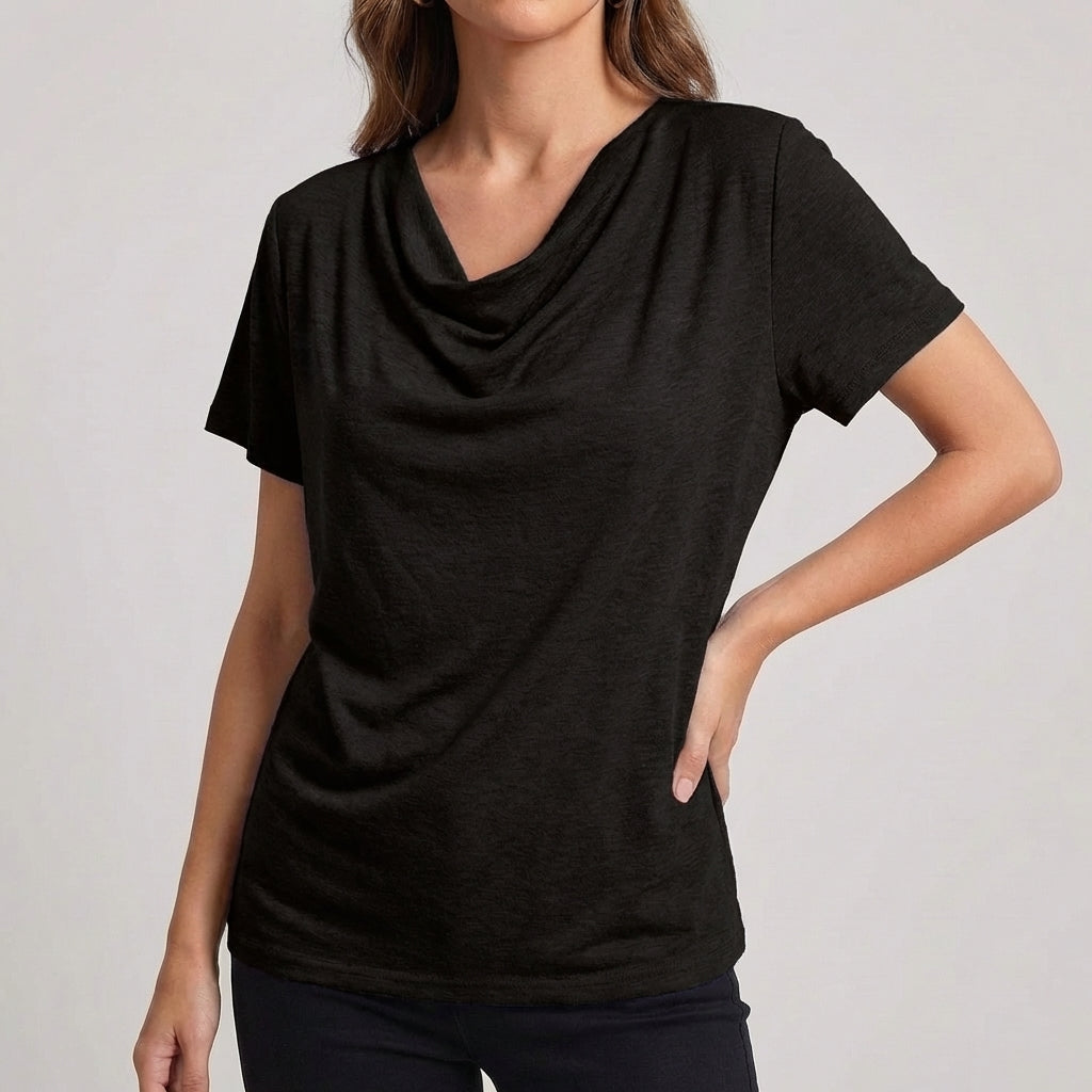 Draped Relaxed Fit Cowl Neck T-Shirts for Women – Casual Comfortable Style