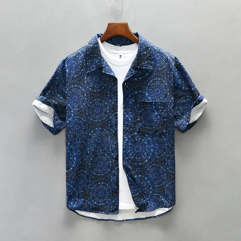 Relaxed Fit Geometric Collared Button-Up Shirt for Men – Casual Stylish Comfort