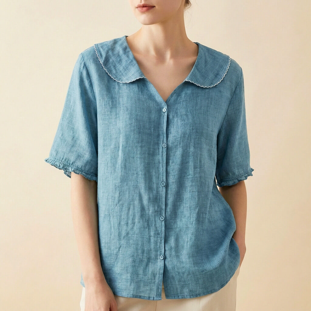 Sophia Relaxed Fit Blouse | V-Neck Scalloped Collar Blouse