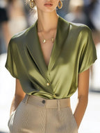 Sophia Loose Fit Draped Blouse | V-Neck Short Sleeve Blouse