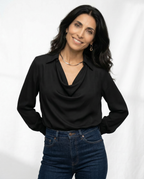 Draped Collared Relaxed Fit Cowl Neck Blouse for Women – Elegant Evening Style