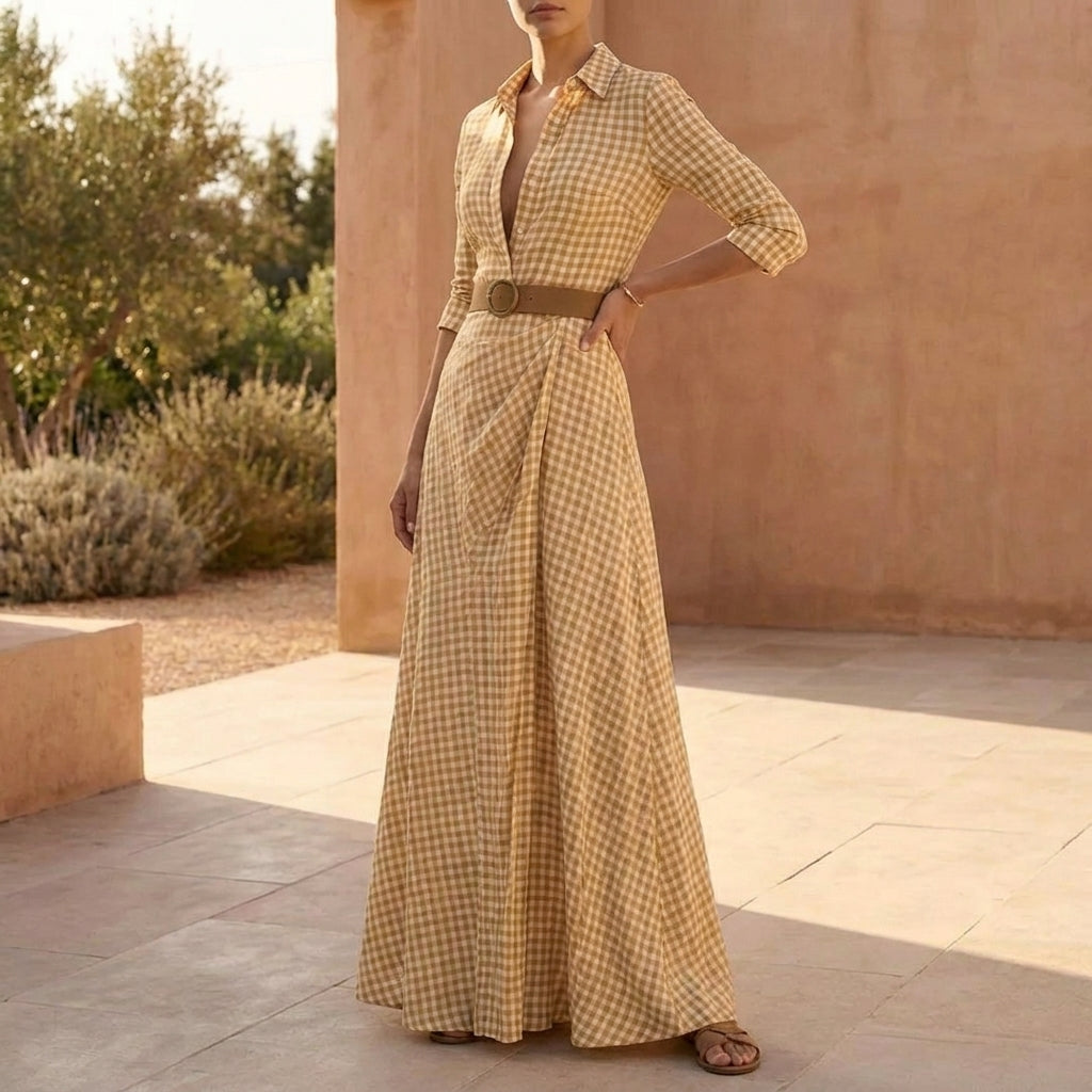 Belted Wrap Collared A-Line Maxi Shirtdress for Women – Stylish Daytime Comfort