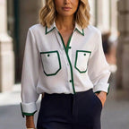 Relaxed Fit Button-Up Blouse with Contrast Trim for Women – Stylish & Comfortable Design