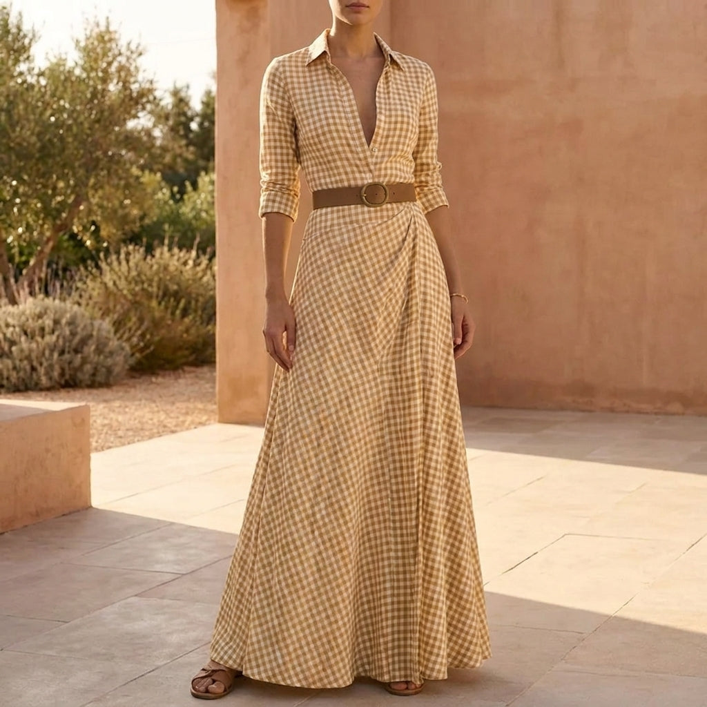 Belted Wrap Collared A-Line Maxi Shirtdress for Women – Stylish Daytime Comfort