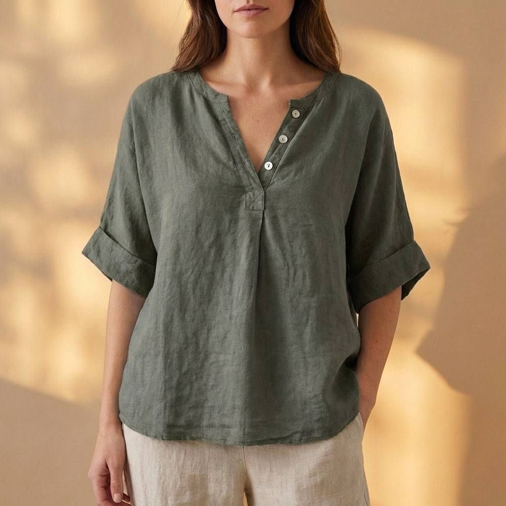 Relaxed Fit Pleated V-Neck Blouse for Women – Casual Stylish Comfort