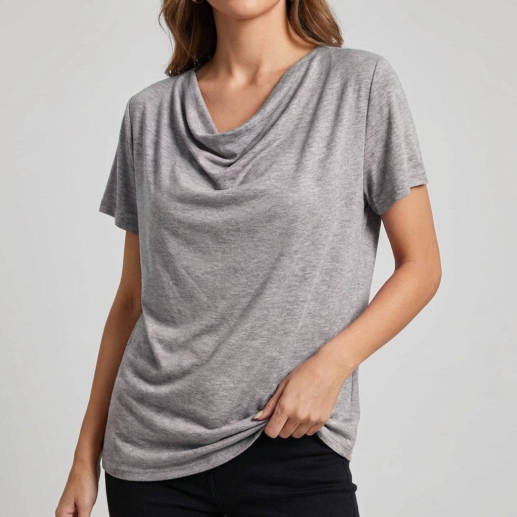 Draped Relaxed Fit Cowl Neck T-Shirts for Women – Casual Comfortable Style
