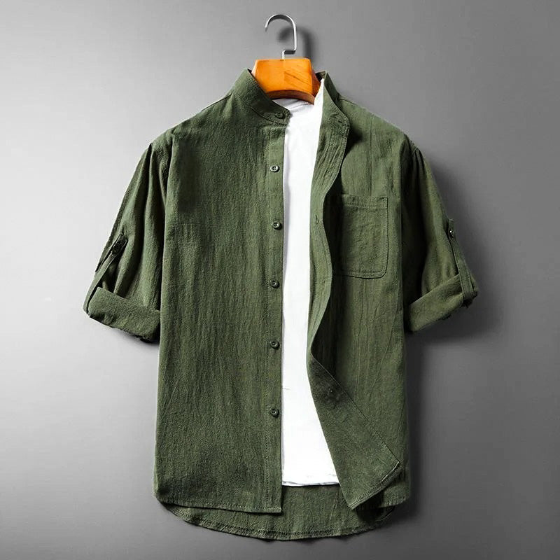 Arthur Relaxed Fit Band Collar Shirt | Button Front Chest Pocket Shirt