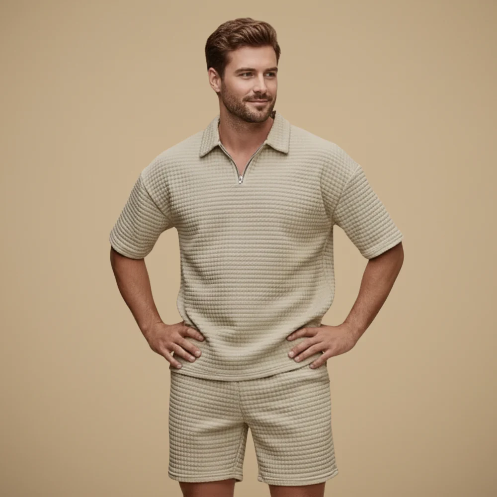 Men's quarter zip collar short sleeved and short set