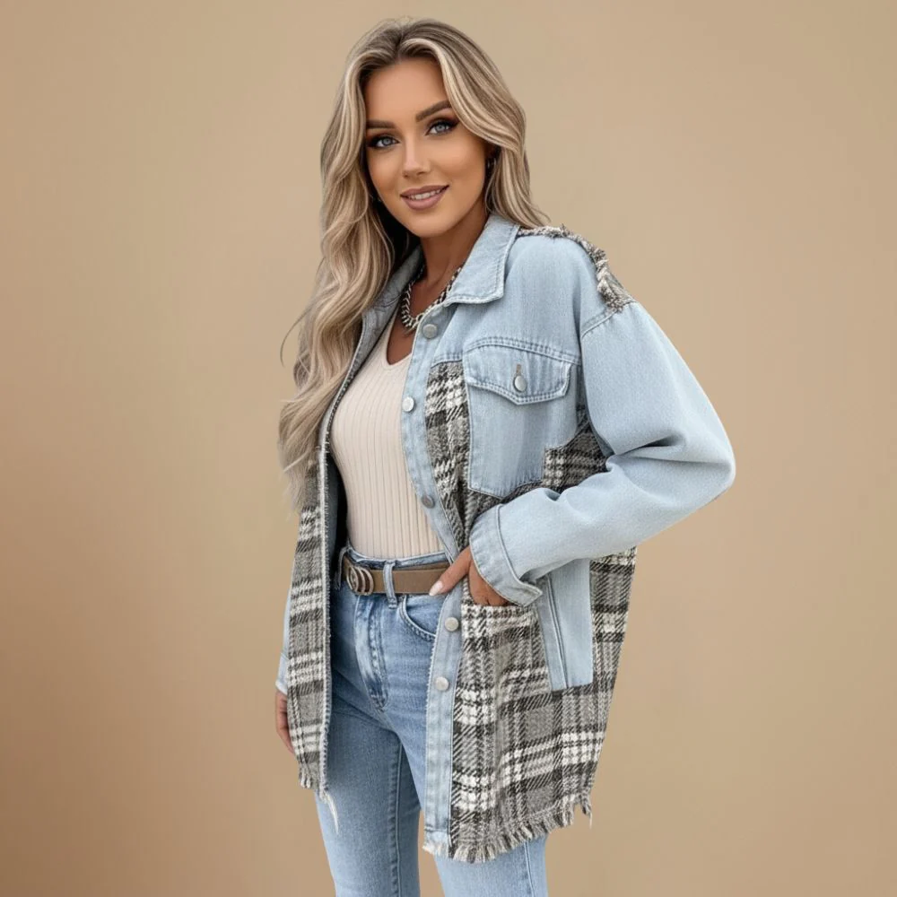 Women's checked pattern casual denim jacket