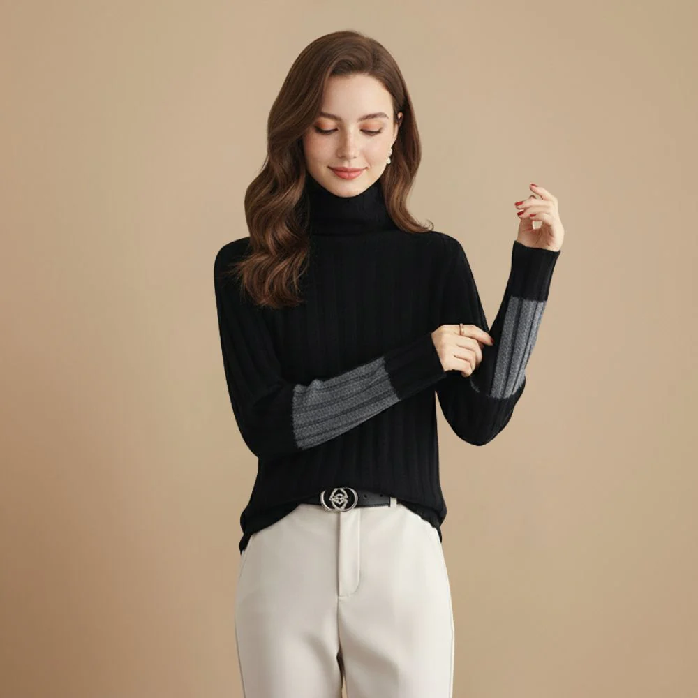 Women turtleneck colour block winter jumper