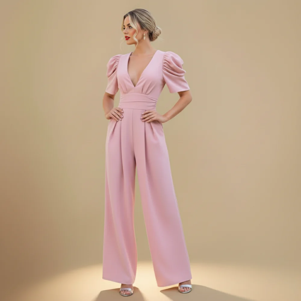 Women's wide leg jumpsuit with puff sleeves