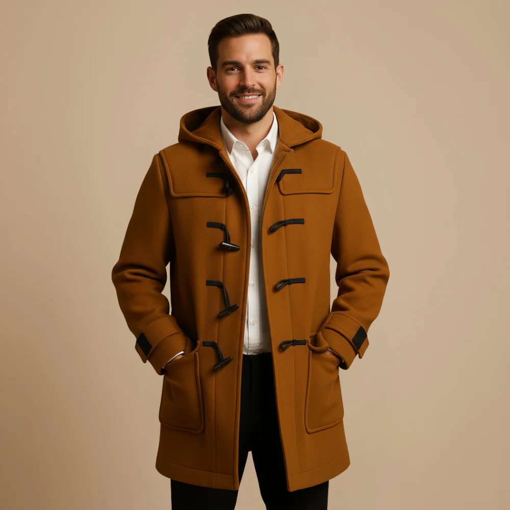 Men's hooded horn button trench coat