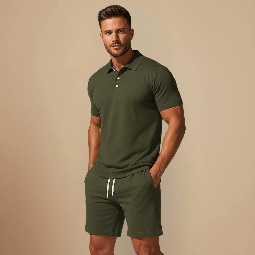 Men's casual button two-piece polo set