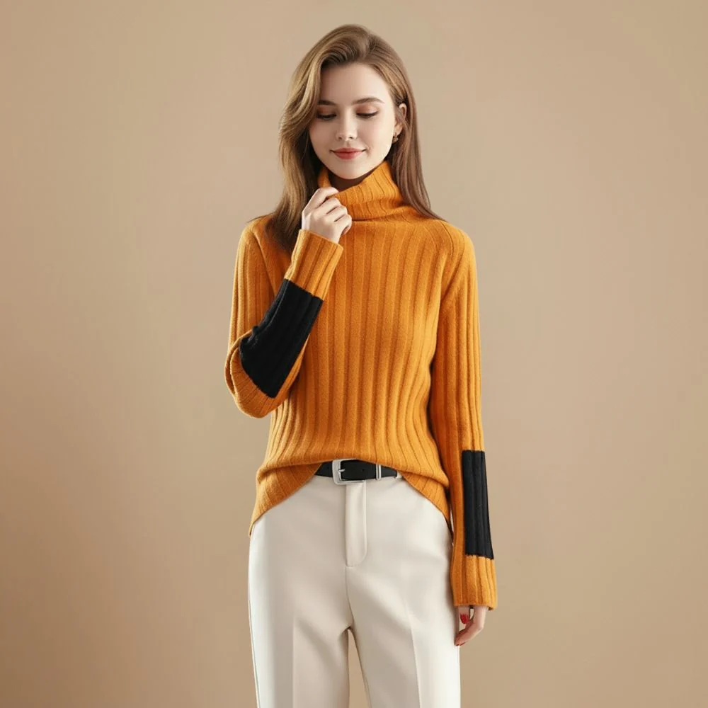 Women turtleneck colour block winter jumper