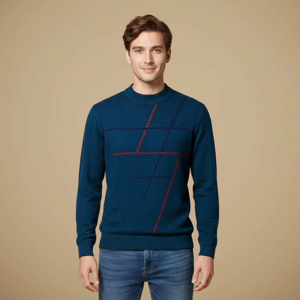 Men's long sleeve round neck patterned knitted sweater