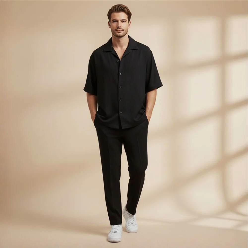 Men's short sleeve button top and trouser set