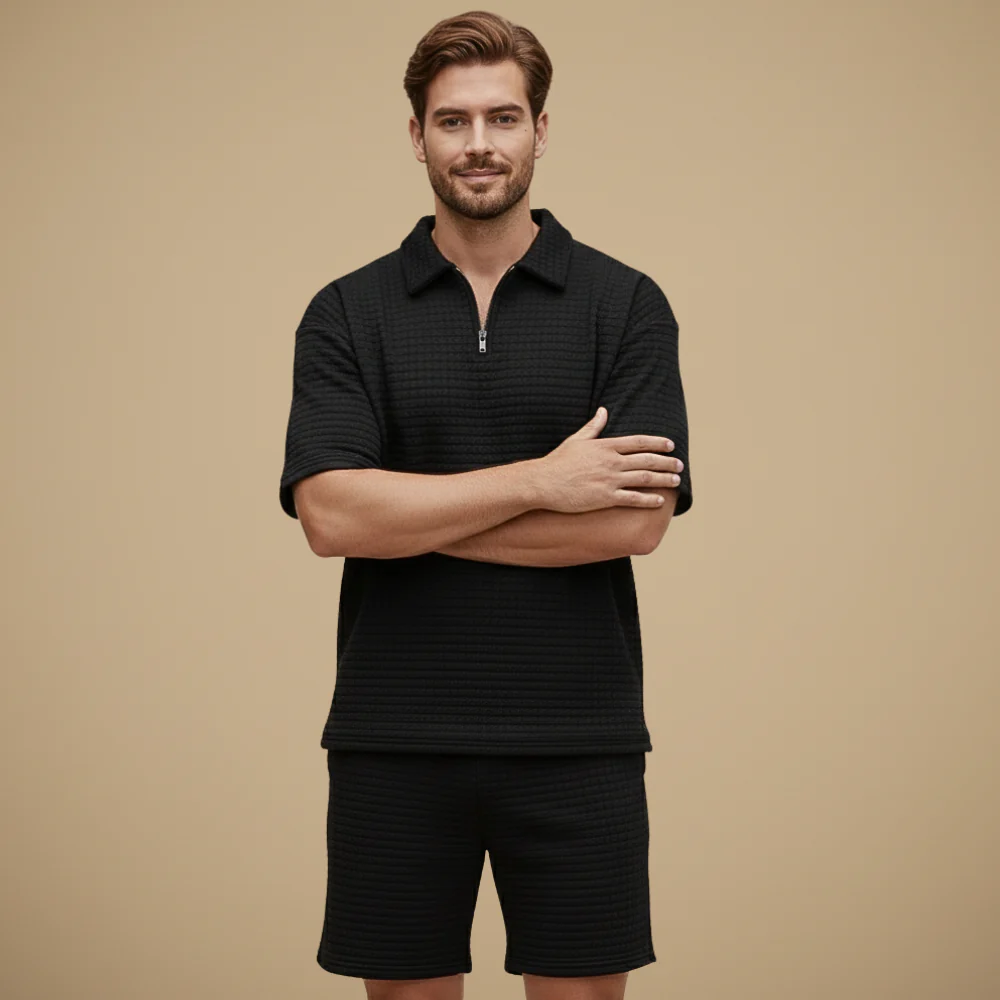 Men's quarter zip collar short sleeved and short set
