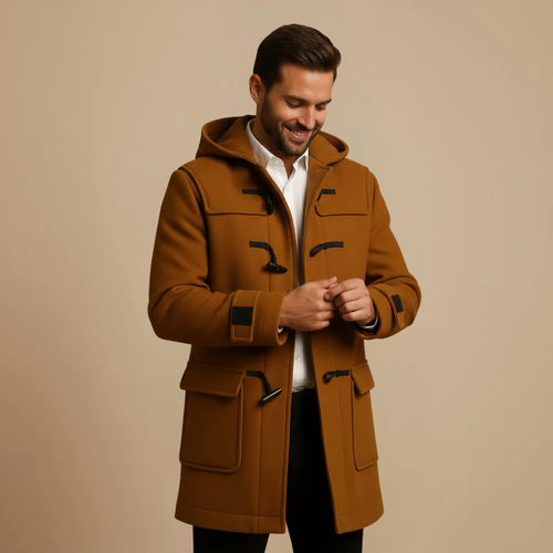 Men's hooded horn button trench coat