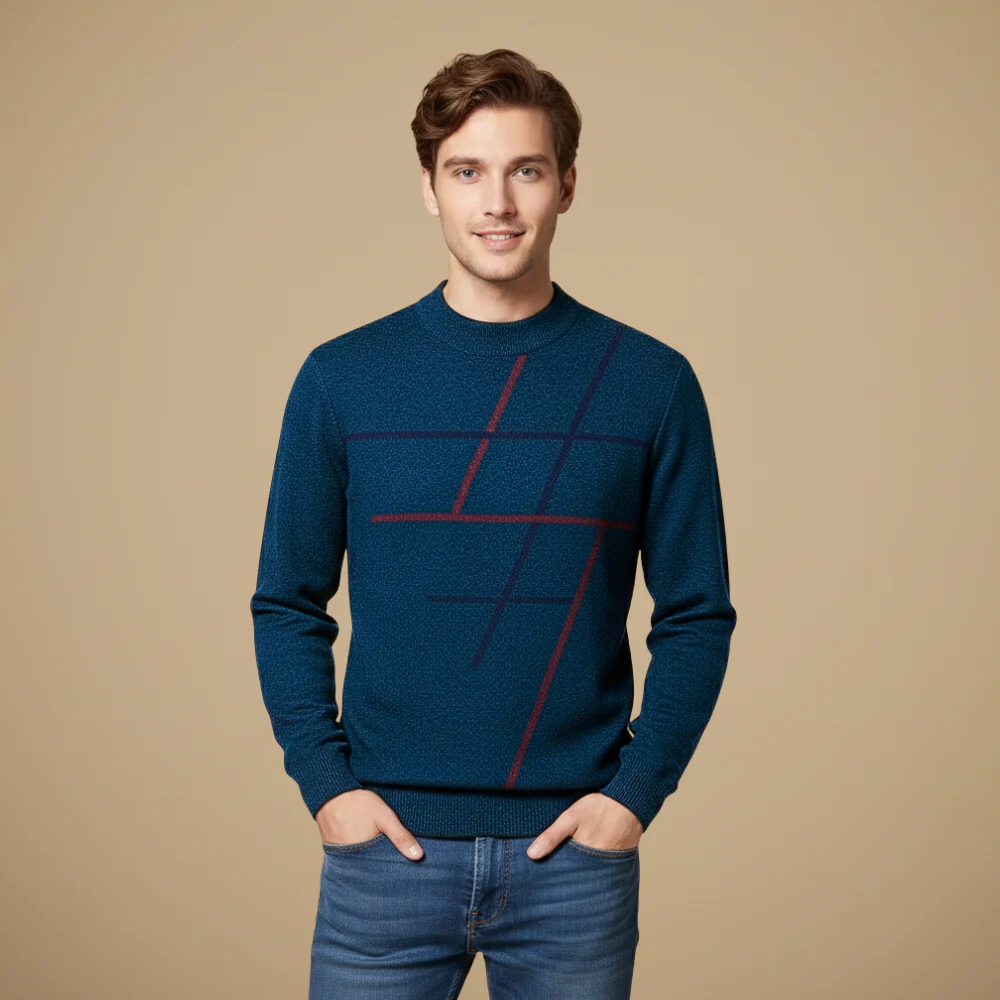 Men's long sleeve round neck patterned knitted sweater
