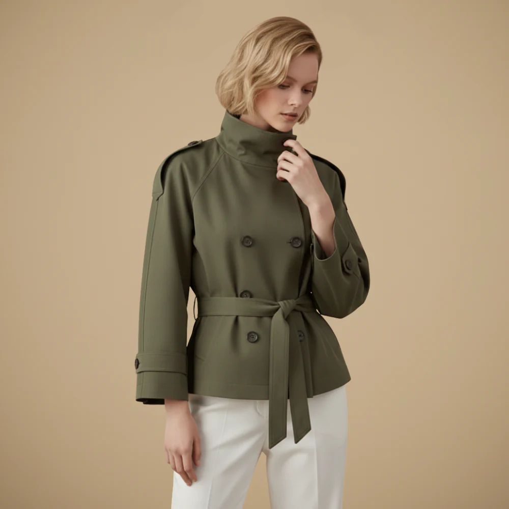 Women's belted waist cropped trench jacket