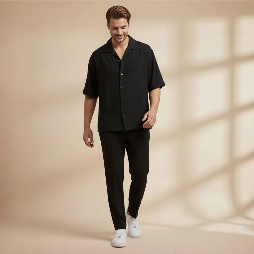 Men's short sleeve button top and trouser set