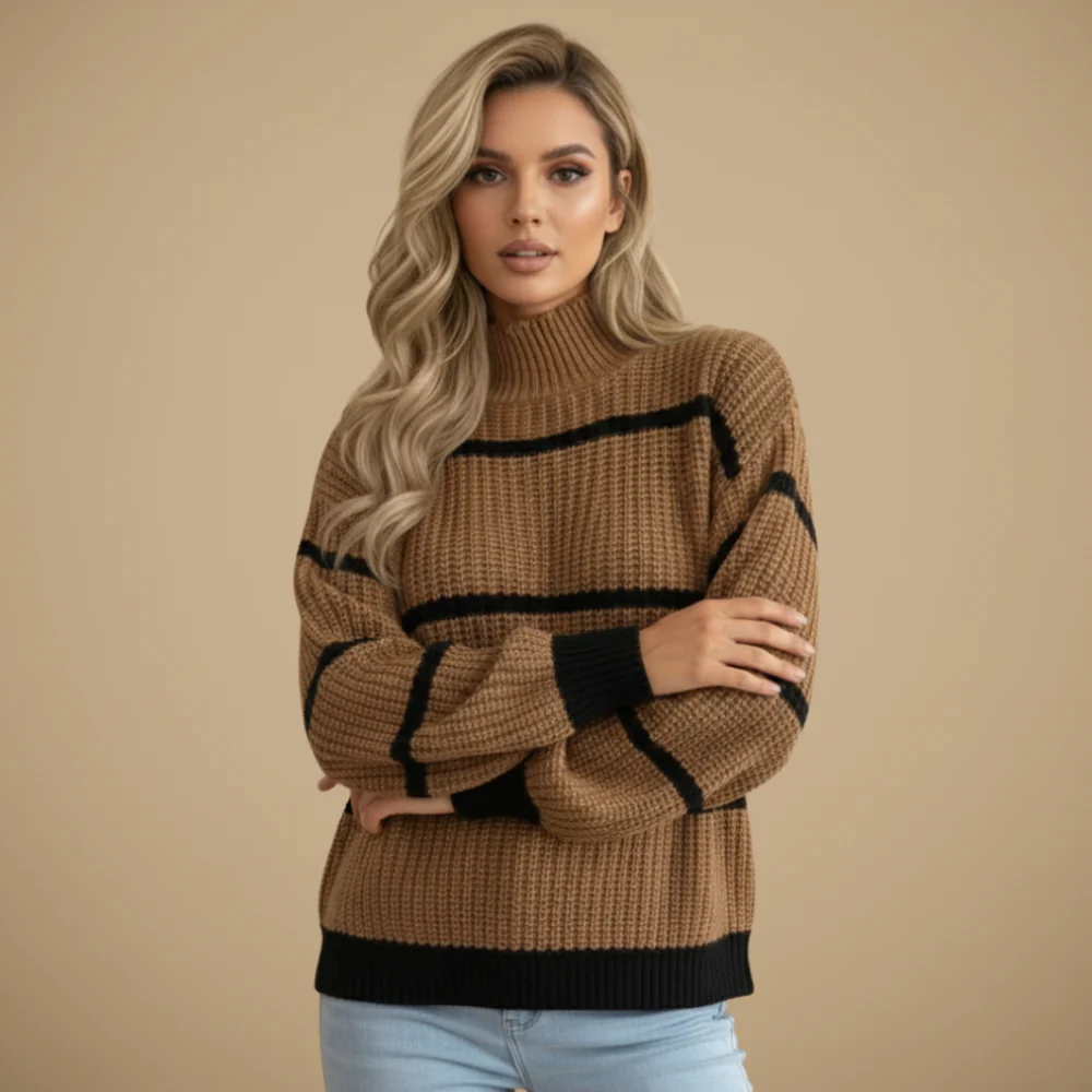 Women's striped high neck knit sweater