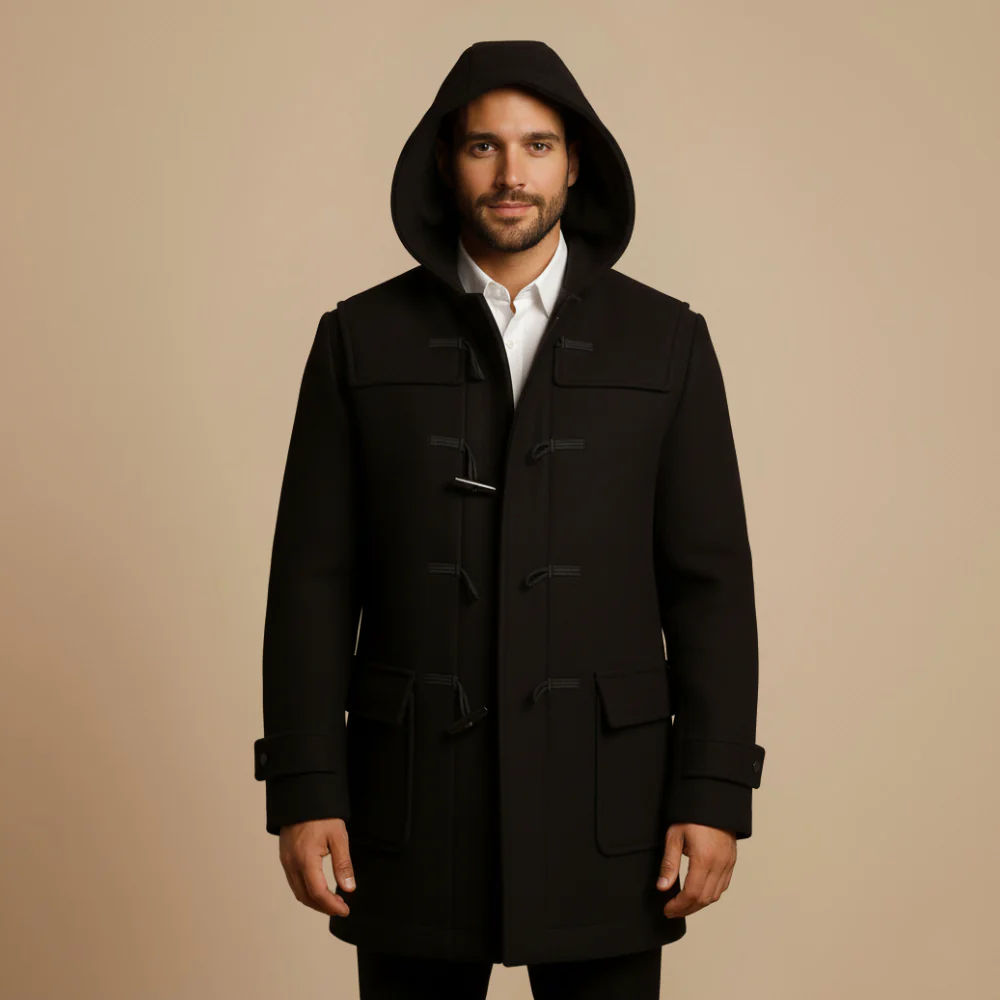 Men's hooded horn button trench coat