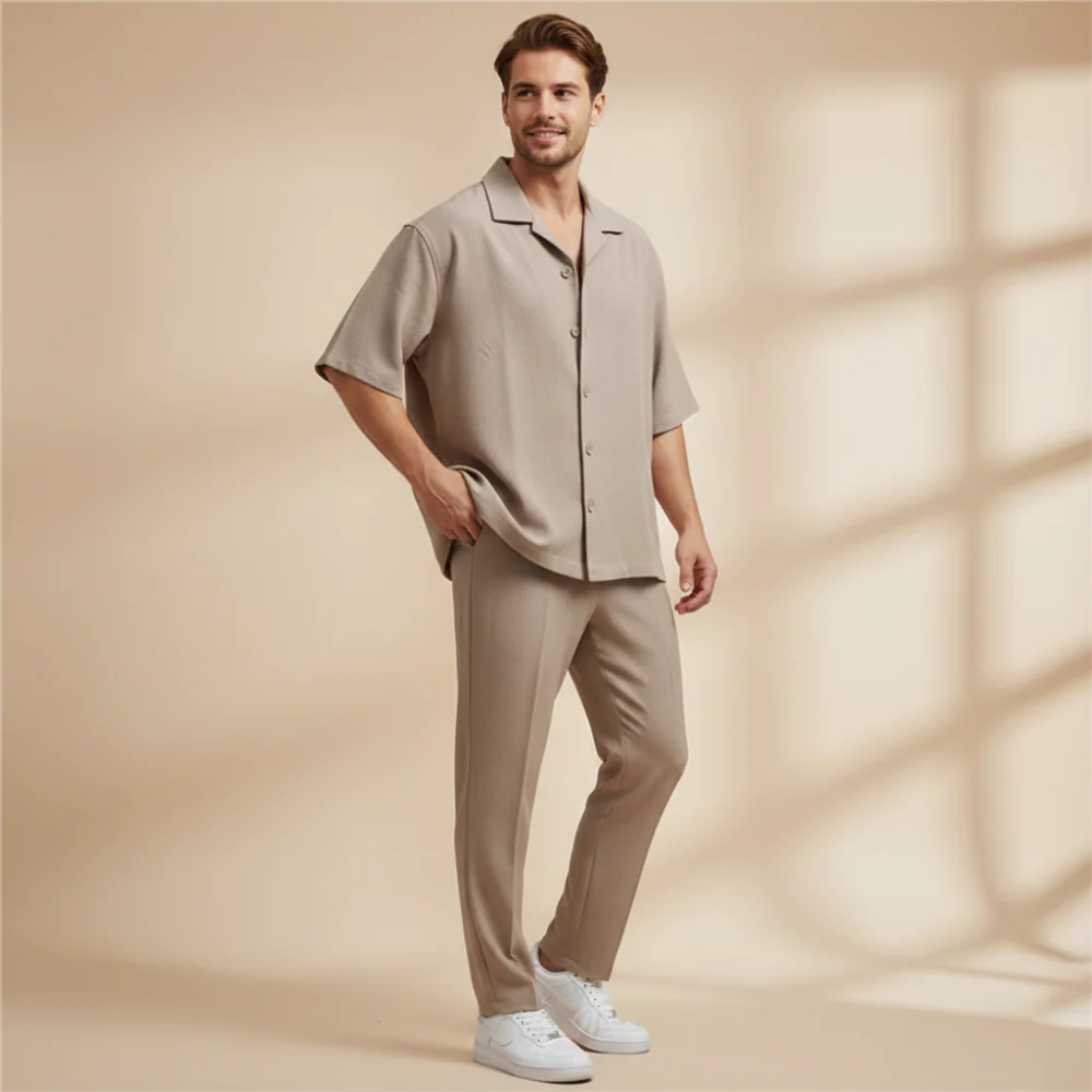 Men's short sleeve button top and trouser set