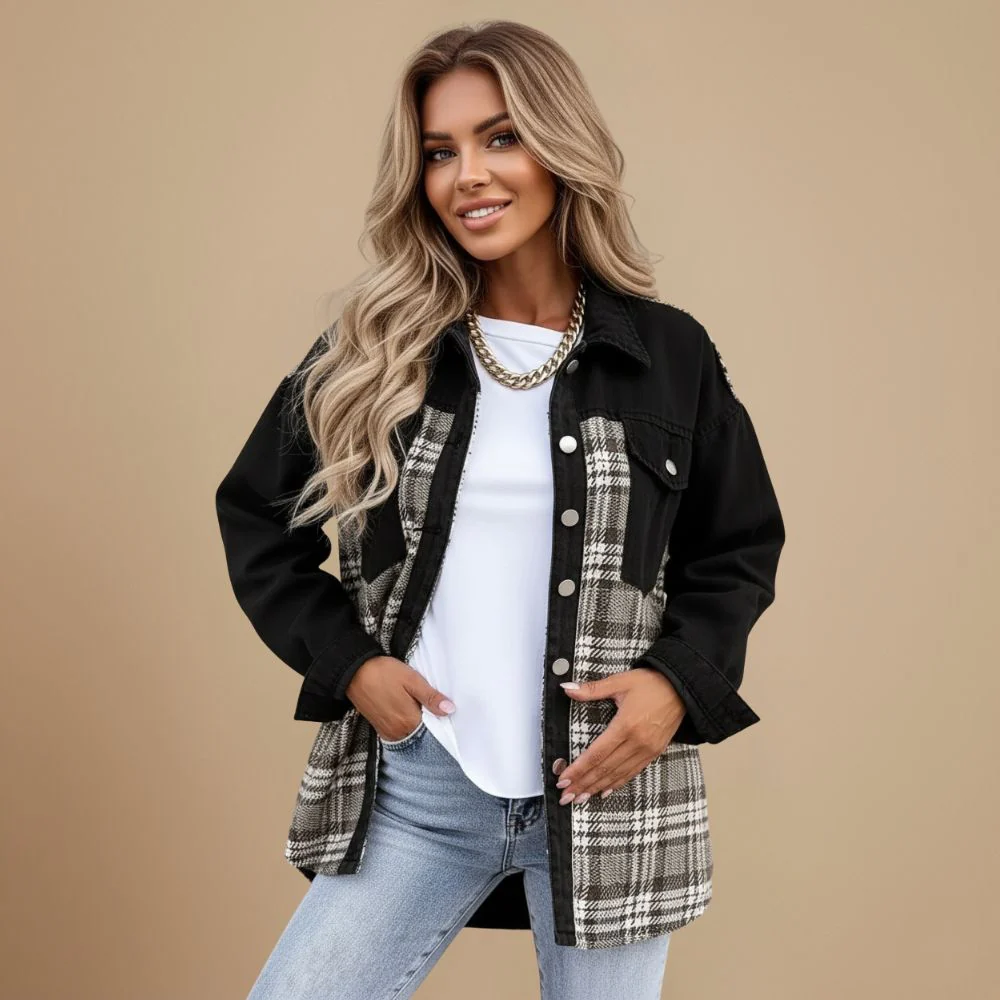 Women's checked pattern casual denim jacket