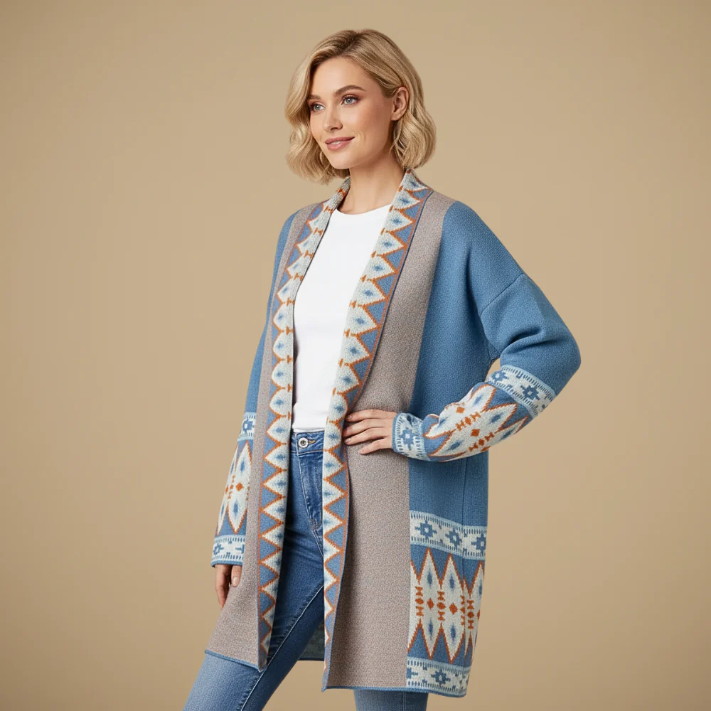 Women's geometric print open front knit cardigan