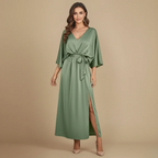 Women's elegant v-neck midi dress with tie belt