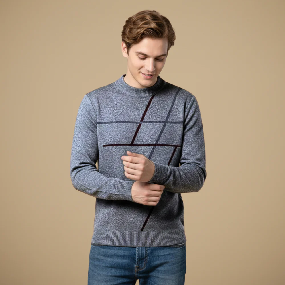 Men's long sleeve round neck patterned knitted sweater
